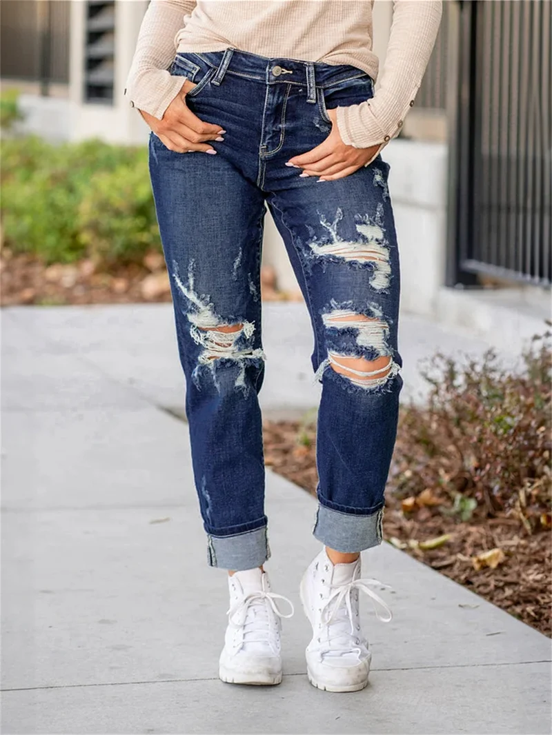 Tummy Control Distressed Cuffed Boyfriend Jeans 🛫 Buy 2 Free Shipping