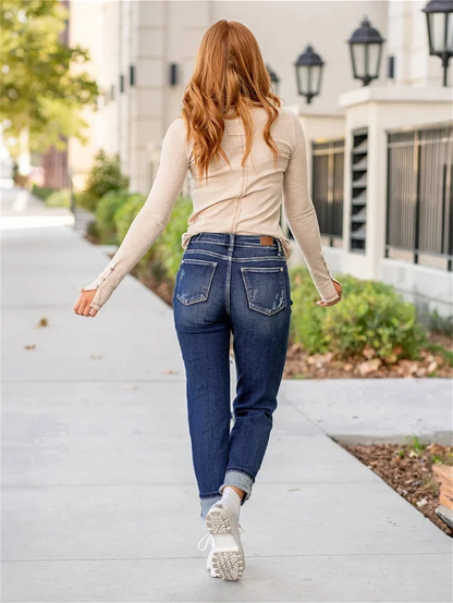 Tummy Control Distressed Cuffed Boyfriend Jeans 🛫 Buy 2 Free Shipping