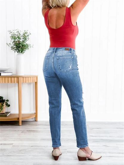 Tummy Control Distressed Cuffed Boyfriend Jeans 🛫 Buy 2 Free Shipping